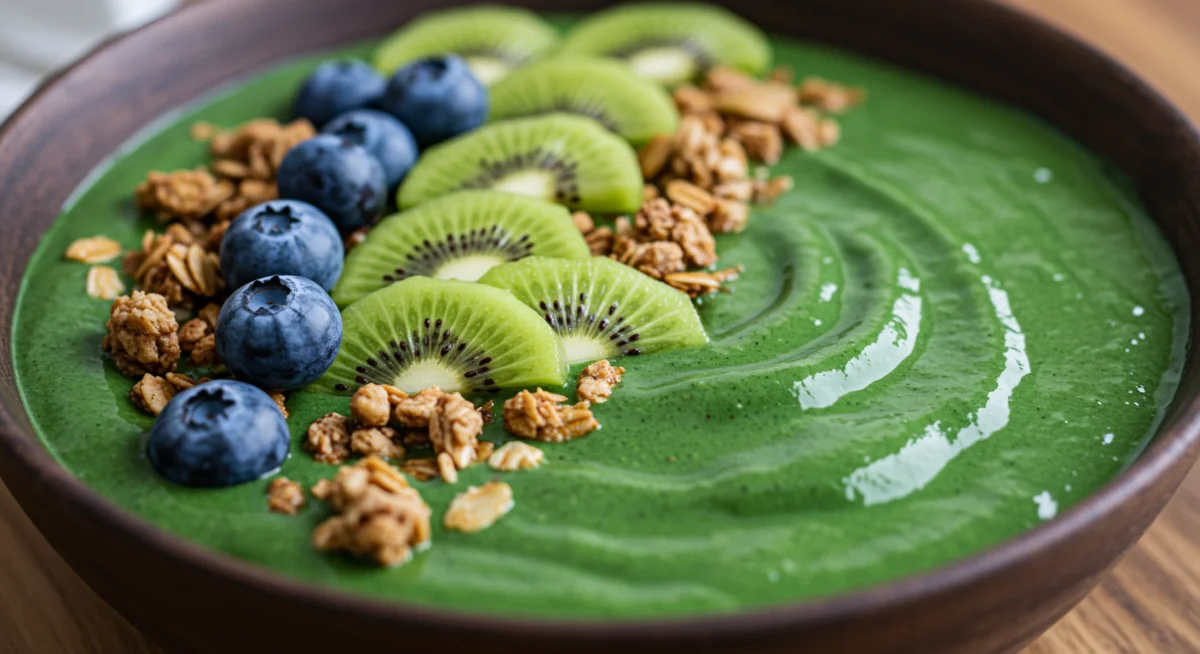 Green spirulina smoothie bowl with kiwi and blueberries