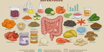 Illustration of diverse superfoods promoting gut health with scientific research elements.
