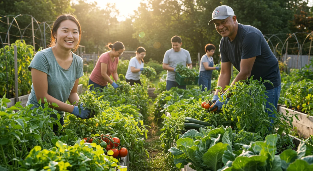 Community garden harvesting organic produce for sustainable nutrition.
