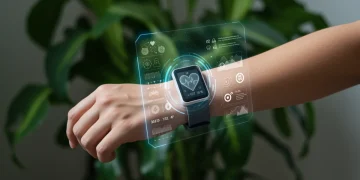Futuristic wearable technology monitoring health in a green, indoor space.