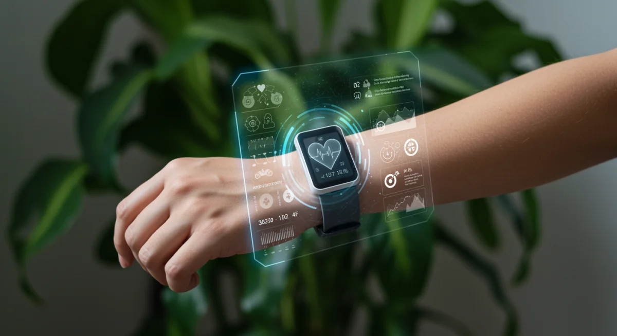 Futuristic wearable technology monitoring health in a green, indoor space.