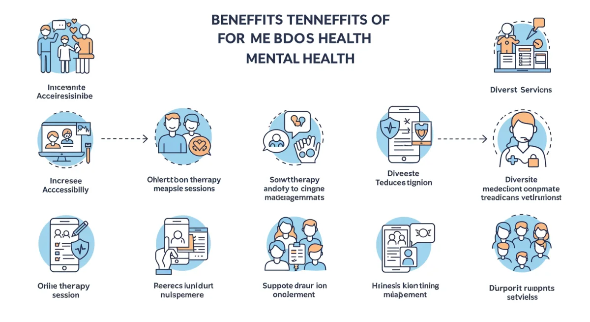 Infographic showcasing the advantages of telehealth in mental health, including accessibility and reduced social stigma.