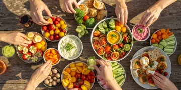 Colorful healthy summer appetizers on a table for a lively gathering