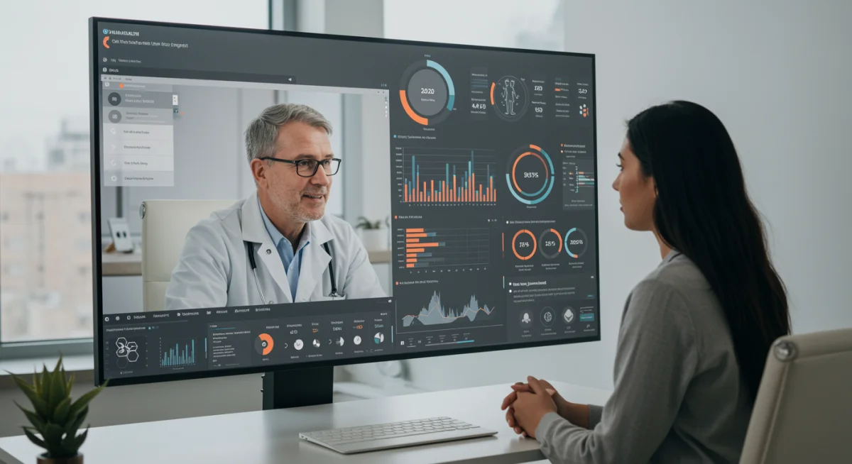 Virtual consultation between a mental health professional and a patient, highlighting data-driven personalized care.