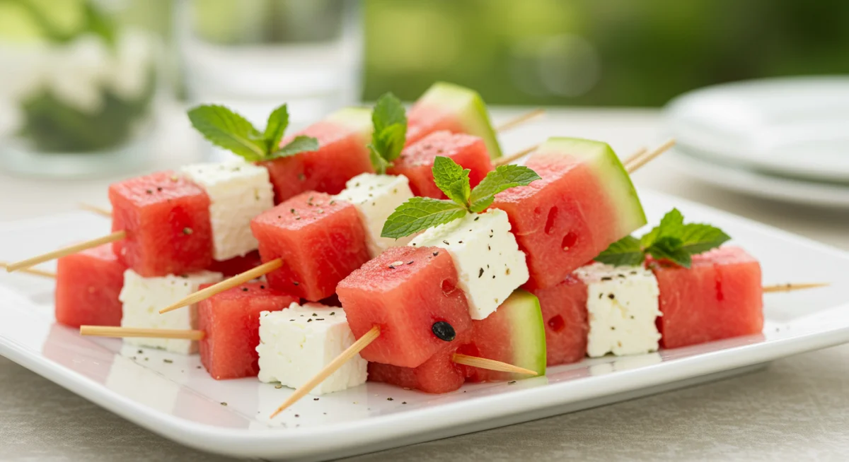 Watermelon and feta salad skewers with mint garnish