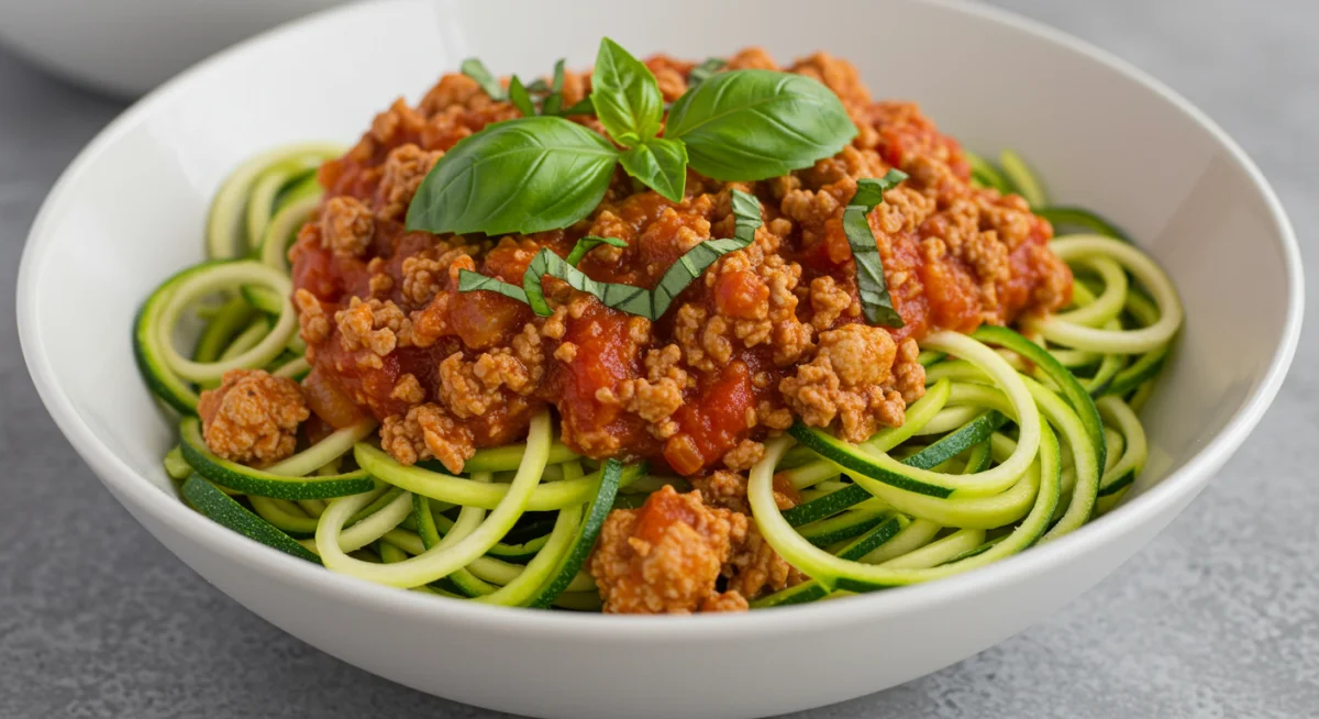 Savory zucchini noodles with ground turkey and marinara sauce, a flavorful low-carb pasta alternative.