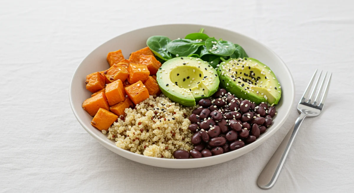 Delicious and colorful plant-based Buddha bowl with fresh ingredients