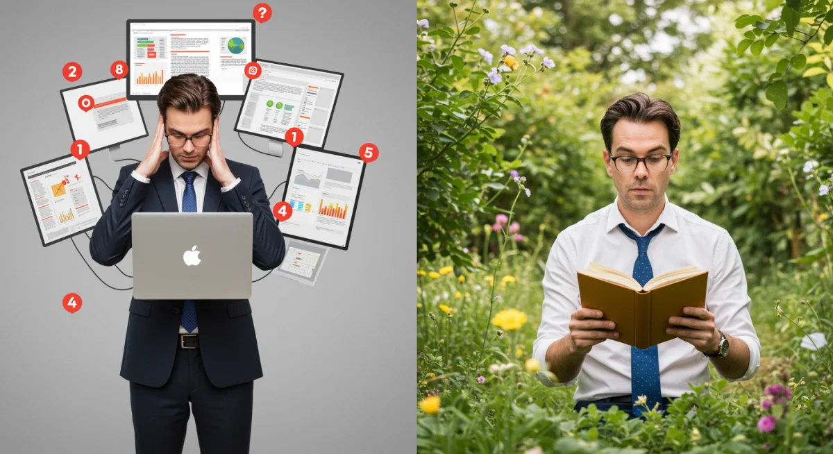 Before and after digital detox: overwhelmed professional versus calm, focused individual engaged in screen-free activity.