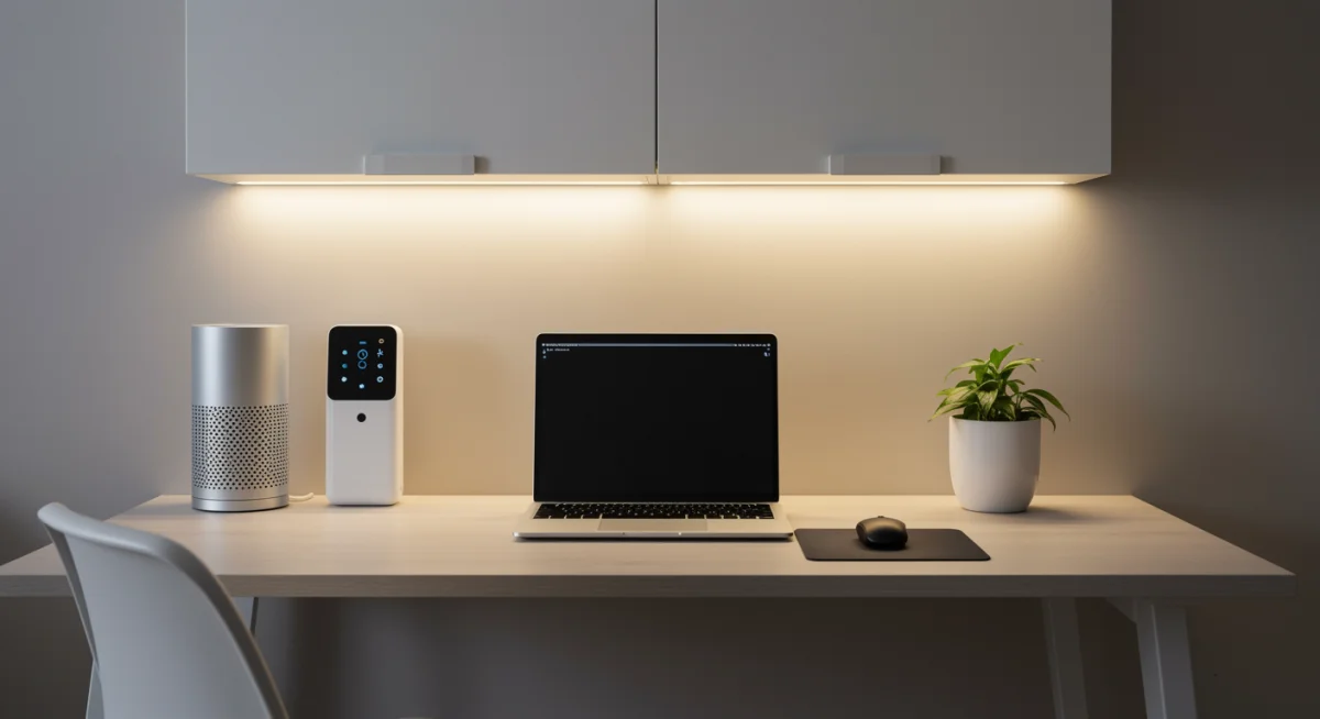 Minimalist smart home office with integrated wellness technology
