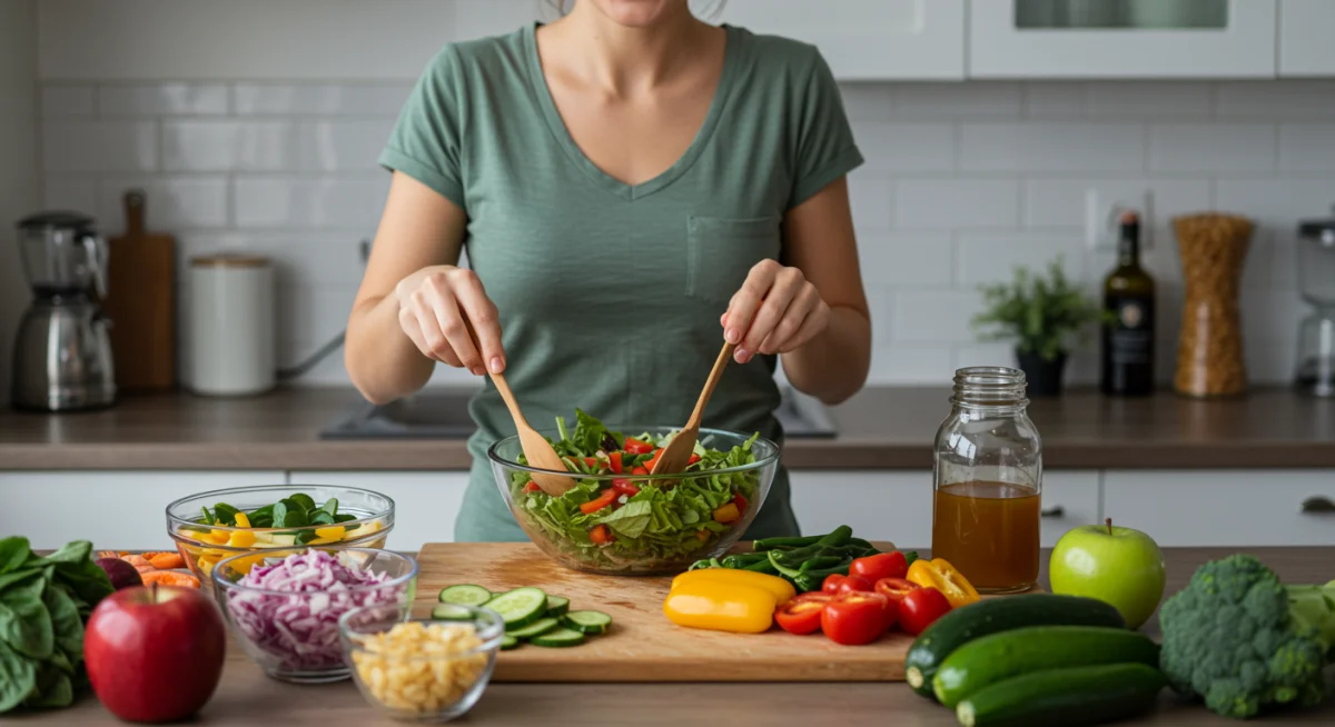Person preparing a gut-friendly salad with fresh and fermented ingredients