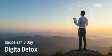 Professional enjoying serene mountain view after a 3-day digital detox, journaling and feeling refreshed.