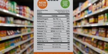 Detailed 2026 food label showing new sugar and fat disclosures