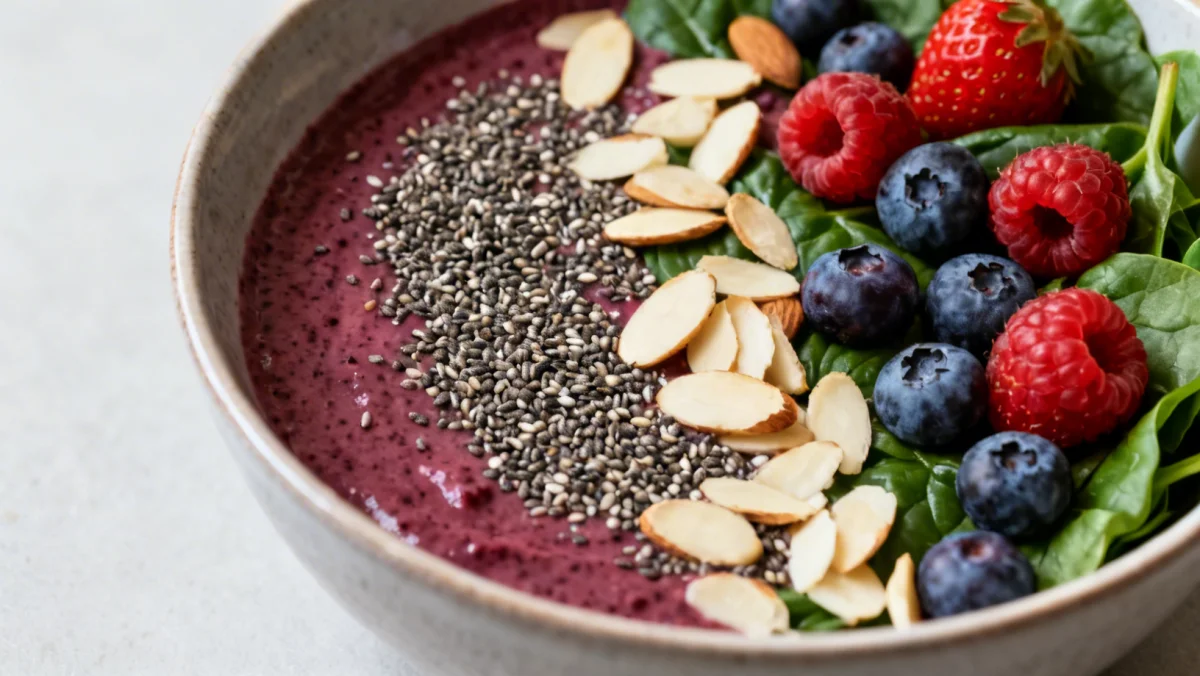 Vibrant berry spinach smoothie bowl with toppings