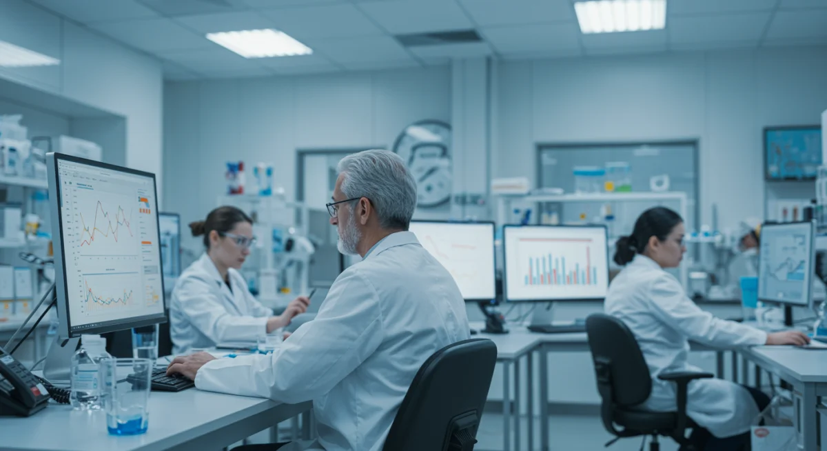 Scientists analyzing clinical trial data for weight loss diets in a laboratory setting.