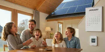 Family enjoying an eco-friendly home with visible energy savings