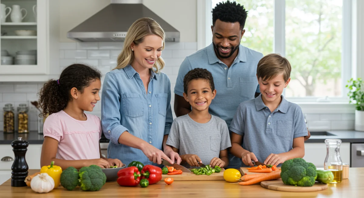 Family cooking healthy meal together, applying new dietary recommendations