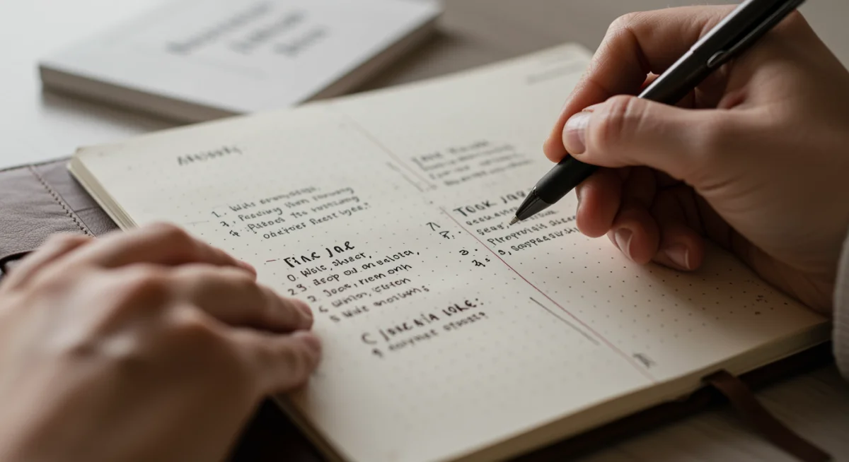 Hand writing in a journal, detailing morning reflections and goal setting.