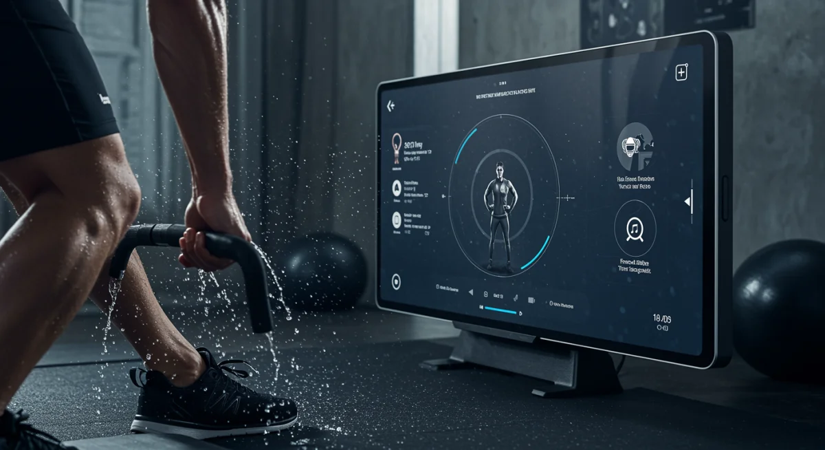 Individual doing HIIT workout guided by a fitness app on a large screen in a smart home gym, demonstrating personalized physical health support.