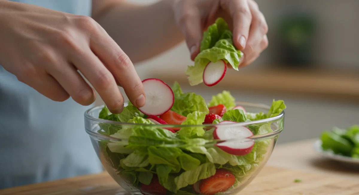 Hands preparing a vibrant spring salad with fresh seasonal ingredients