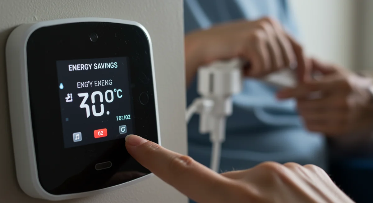 Smart thermostat showing energy savings and hand unplugging device