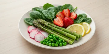 Colorful spring healthy meal with fresh asparagus, strawberries, and greens