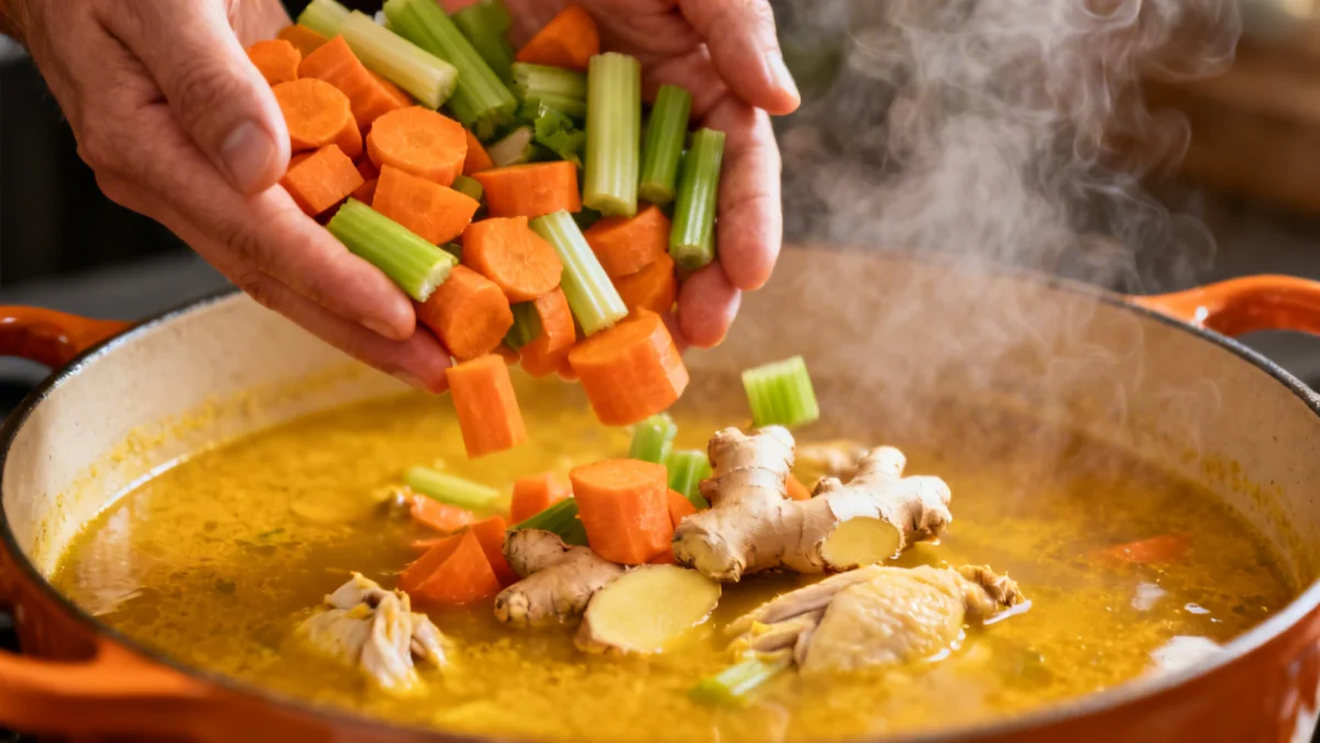 Hands preparing turmeric ginger chicken soup